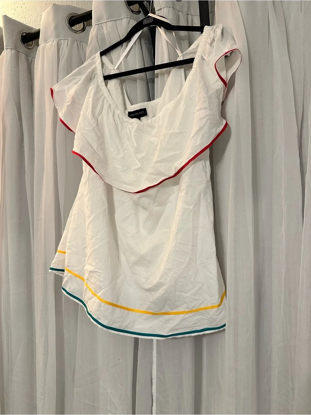 White Ruffle Off-Shoulder Top with Color Trim 100% Cotton